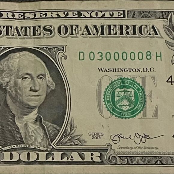 2013 $1 Bill – Fancy Low Serial Number 03000008 – Six Leading Zeros – Circulate - Picture 3 of 3